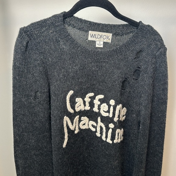 Wildfox Dark Gray Knit Wool Blend Distressed Sweater Caffeine Machine Size Small - Picture 3 of 9